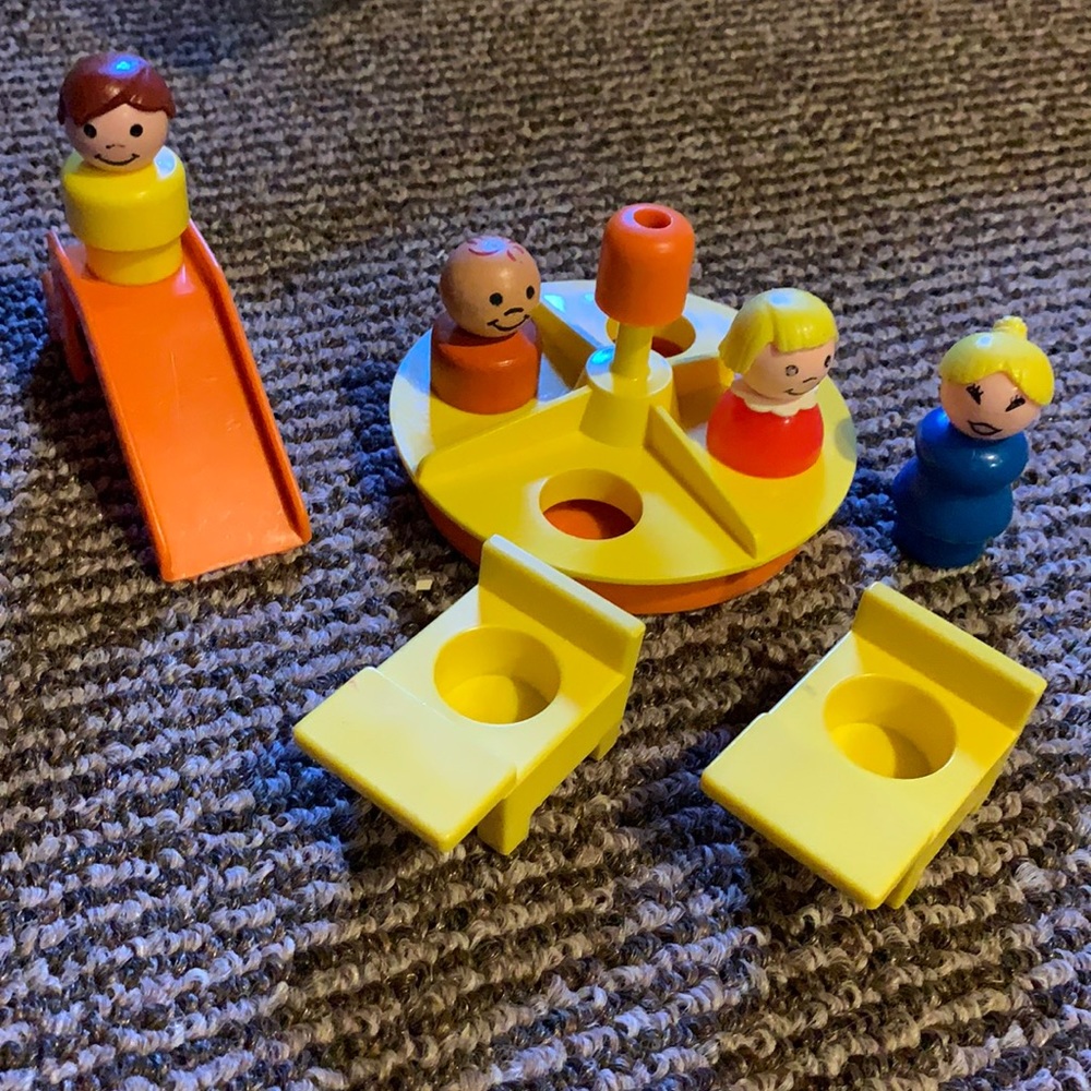 Vintage Fisher-Price little people 2 desks, merry go round,  slide 4 people